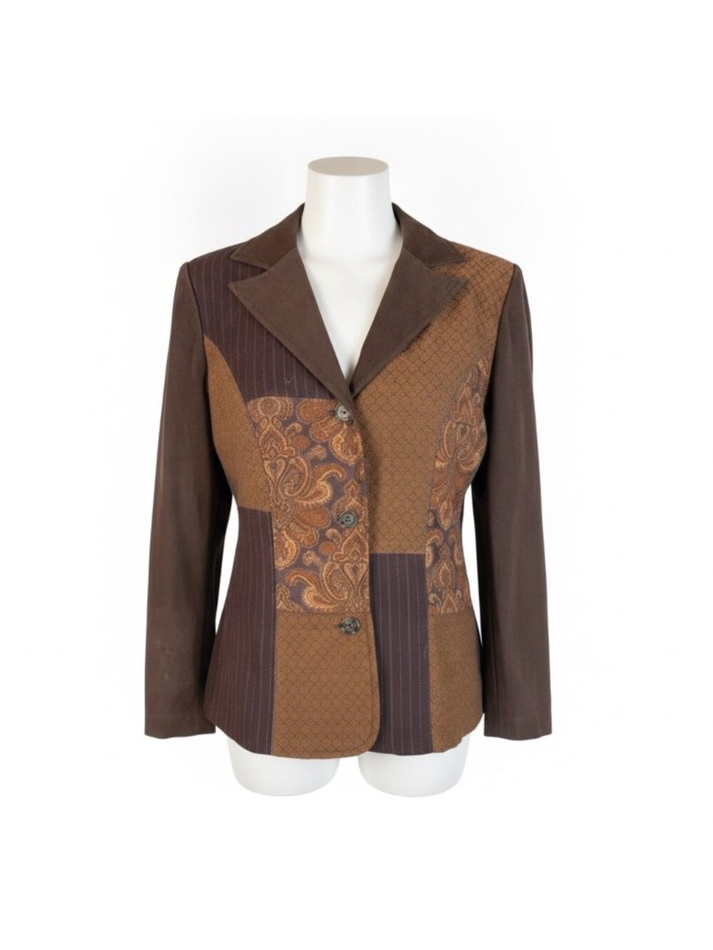 Elementz Womens Brown Multi-Pattern Patchwork Blazer Sz S